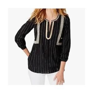 J.Jill Black Embroidered Peasant Tunic Top Boho Cotton Long Sleeve Blouse Medium